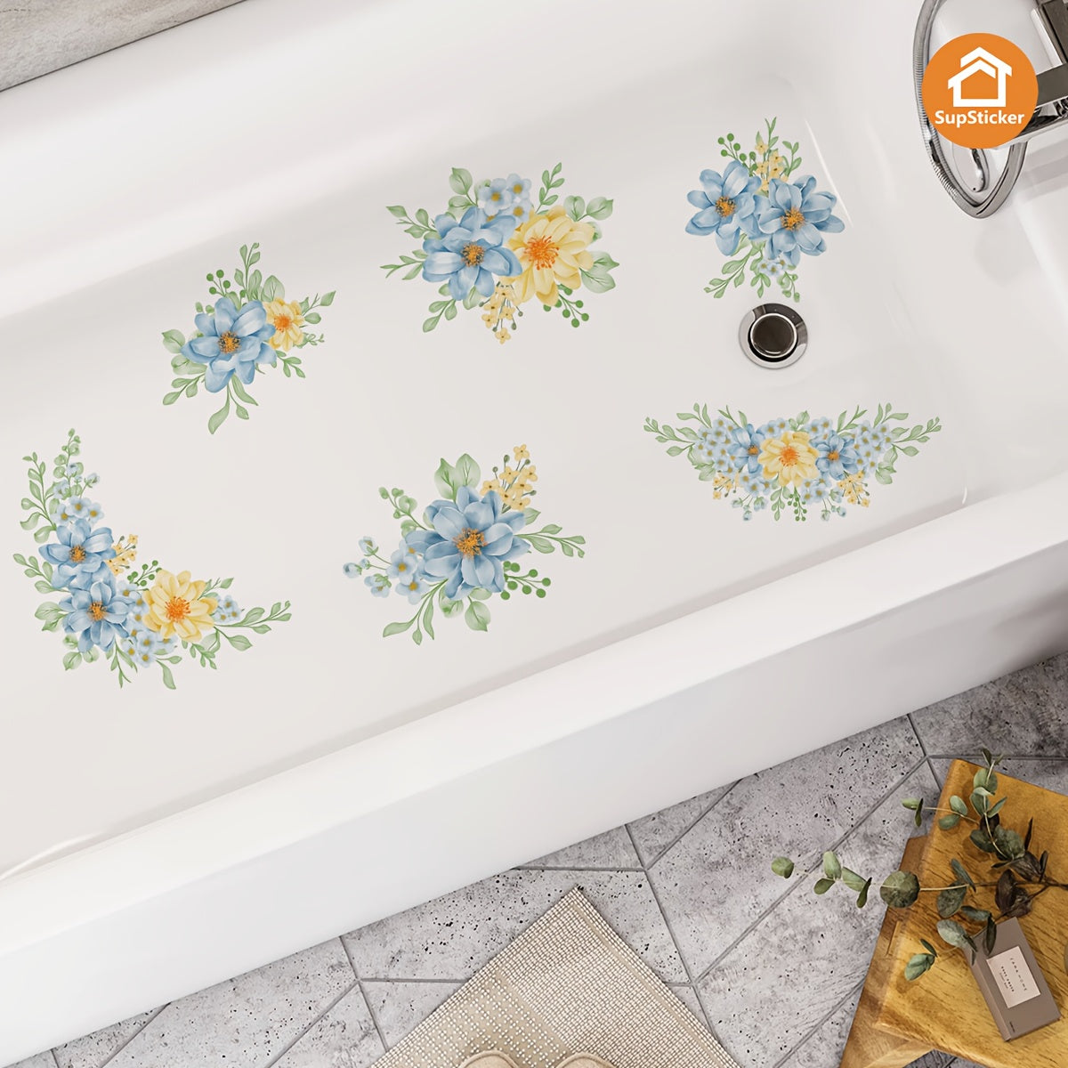 Sticker Autocollant Baignoire Lavabo Motif Floral - Vinyle, Facile a Poser, 4 Coloris, 32x47cm