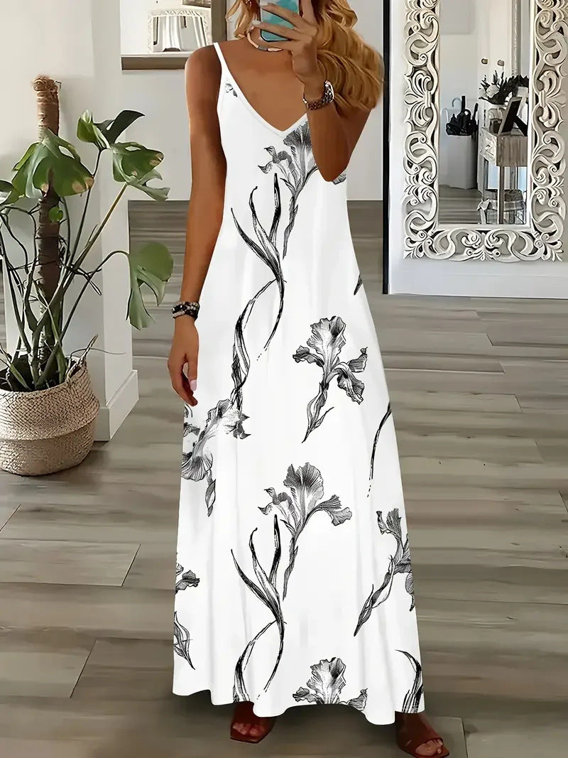 Robe longue sans manches femme - Imprimé 3D, bretelles, style romantique