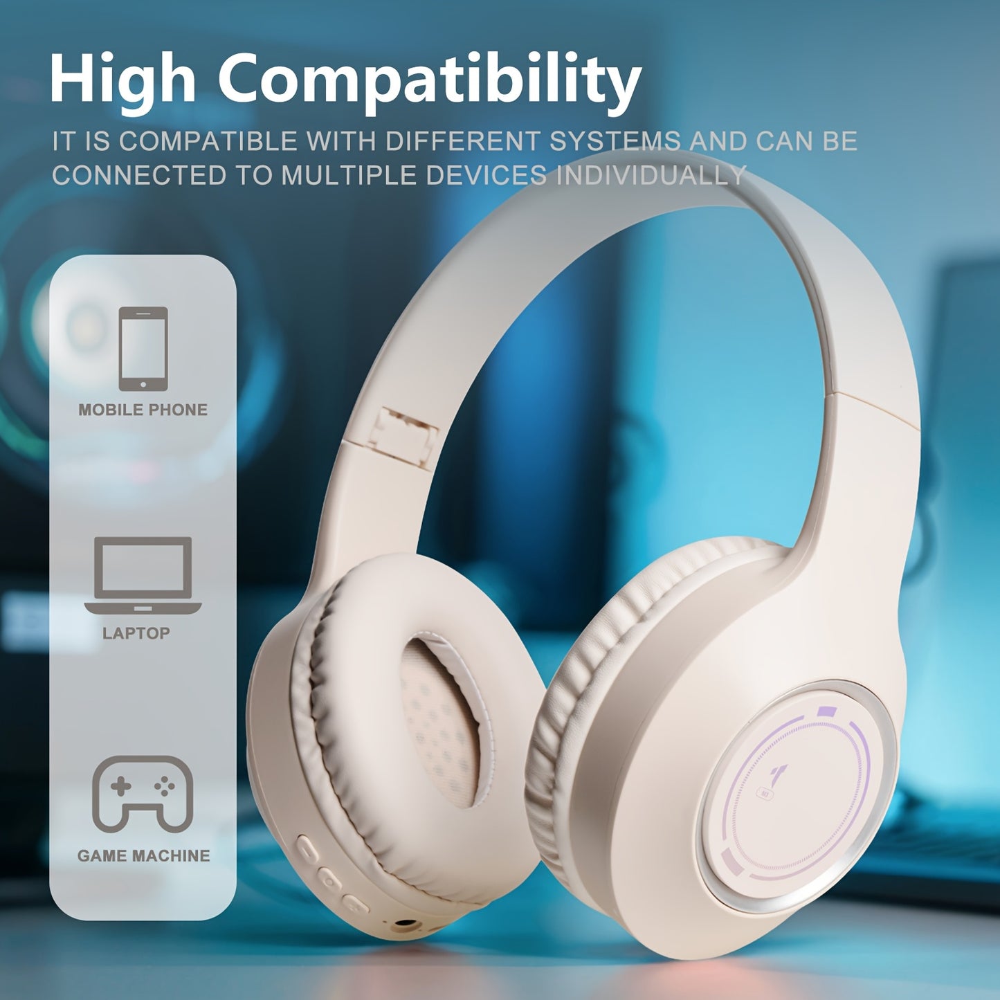 Casque Sans Fil Supra-Auriculaire Pliable – Micro Intégré, Batterie 150mAh & USB-C | Thème Anime & Film | Noir & Beige