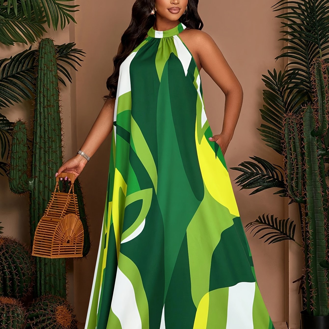 Robe longue plage femme grande taille imprimee - Col rond, coupe trapeze, nouage taille, poches, sans manches, vert ou jaune, L a 4XL