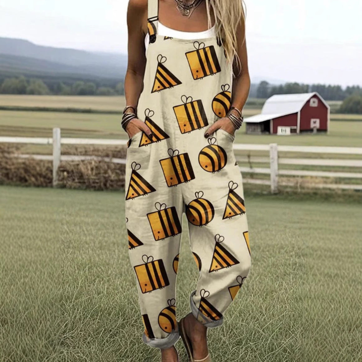 Pantalon a Bretelles Femme Imprime 3D Numerique Lin de Bambou Style Coreen - S a 5XL