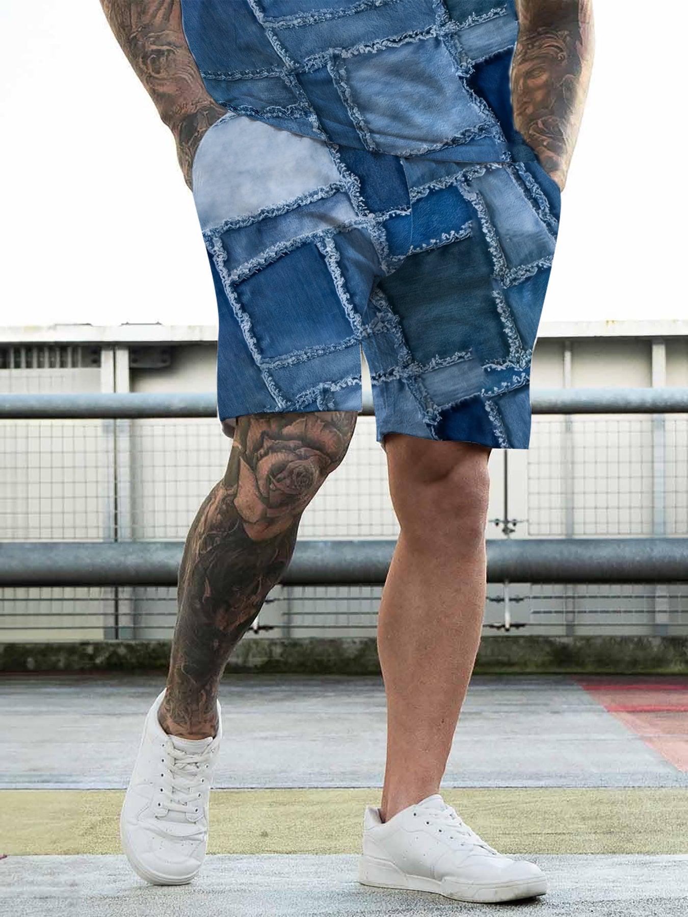 Ensemble homme manches courtes imprime - Col rond, polyester, coupe standard, bleu S a XXL