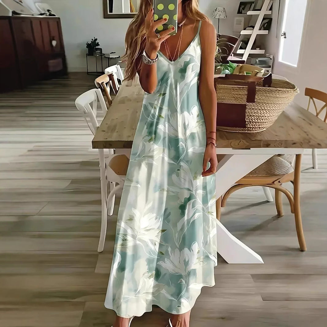 Robe longue sans manches femme - Imprimé 3D, bretelles, style romantique