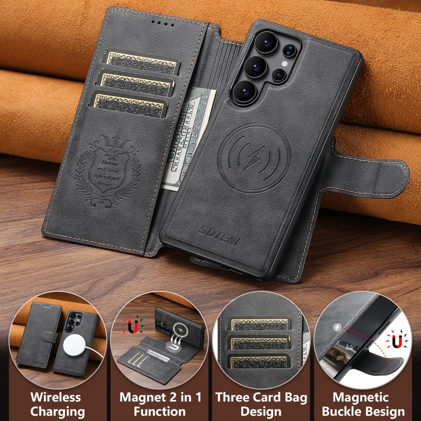 Étui Samsung Galaxy Ultra SUTENI – Similicuir, Recharge Sans Fil, Boucle Magnétique, 3 Coloris