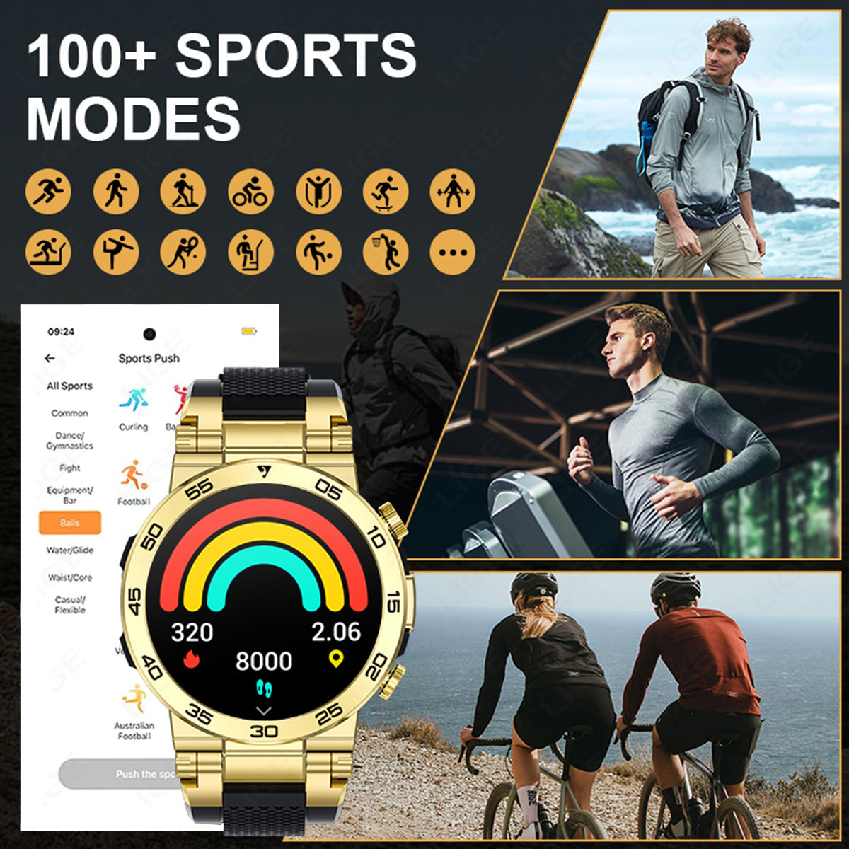 Montre Connectée LIGE Homme — Cadran Rond, Bracelet Silicone, Chronomètre, 3 Coloris