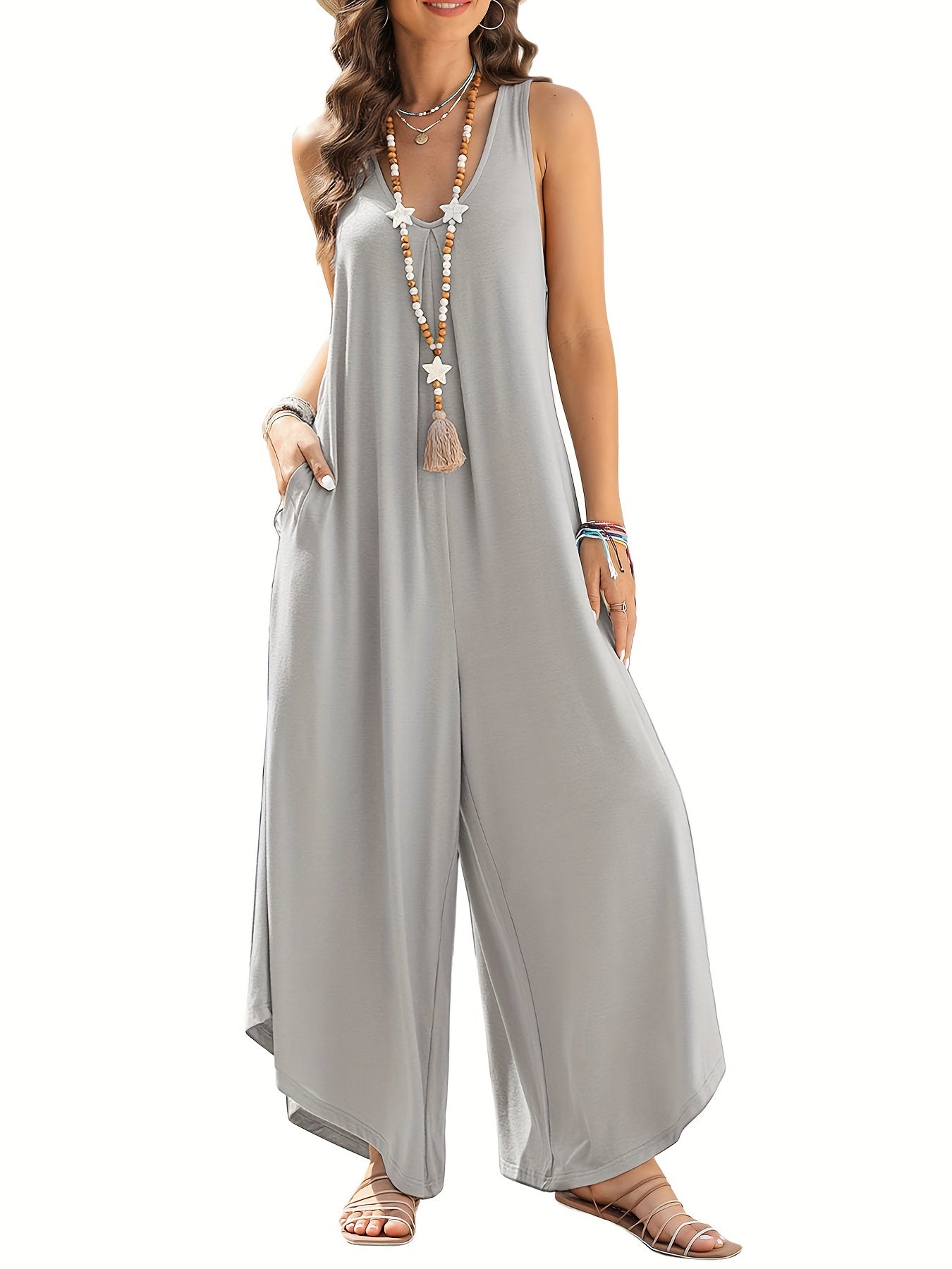 Combinaison Palazzo Femme — Sans Manches, Col en V, Poches, 95% Polyester, 8 Coloris, S-XXL