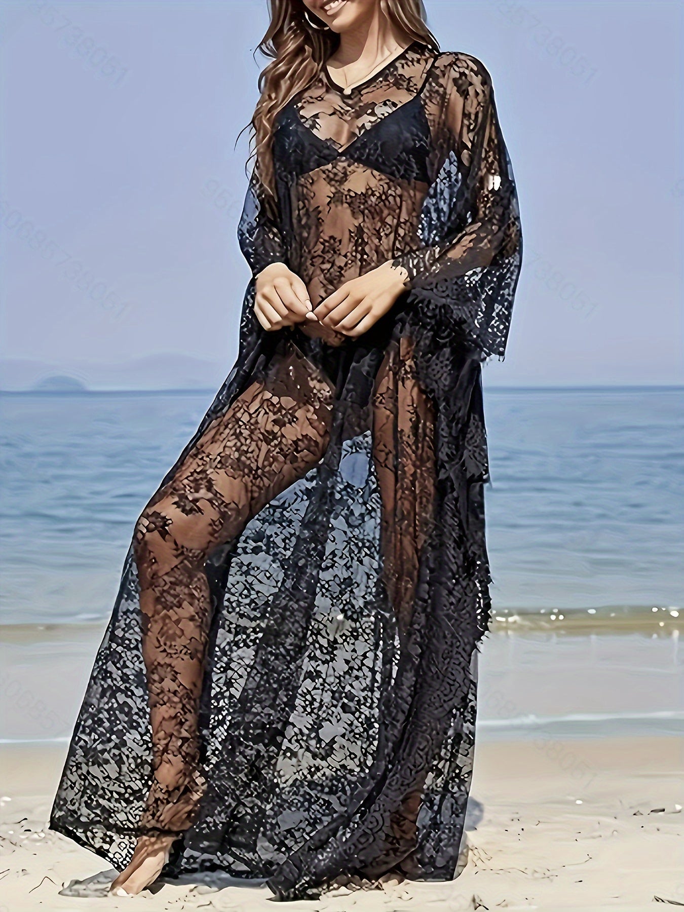 Robe Longue Femme Boheme Col en V Dentelle Contrastee Motif Floral Semi-Transparente - 95% Polyester Elasthanne Plage Noir Taille Unique