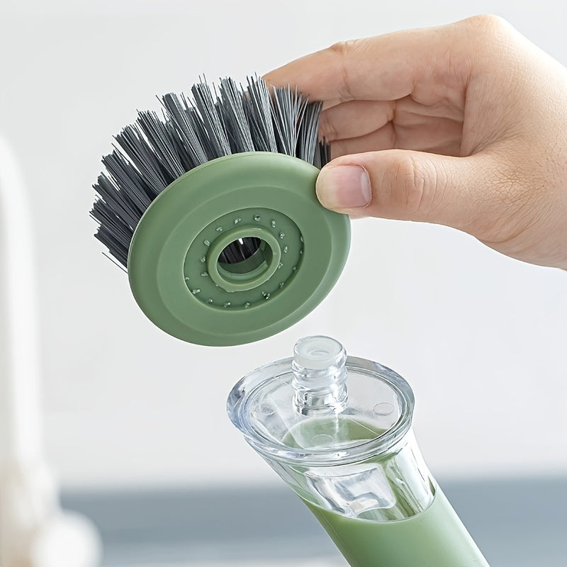 Brosse vaisselle ergonomique distributeur savon integre - Manche allonge, tete interchangeable, plastique, vert