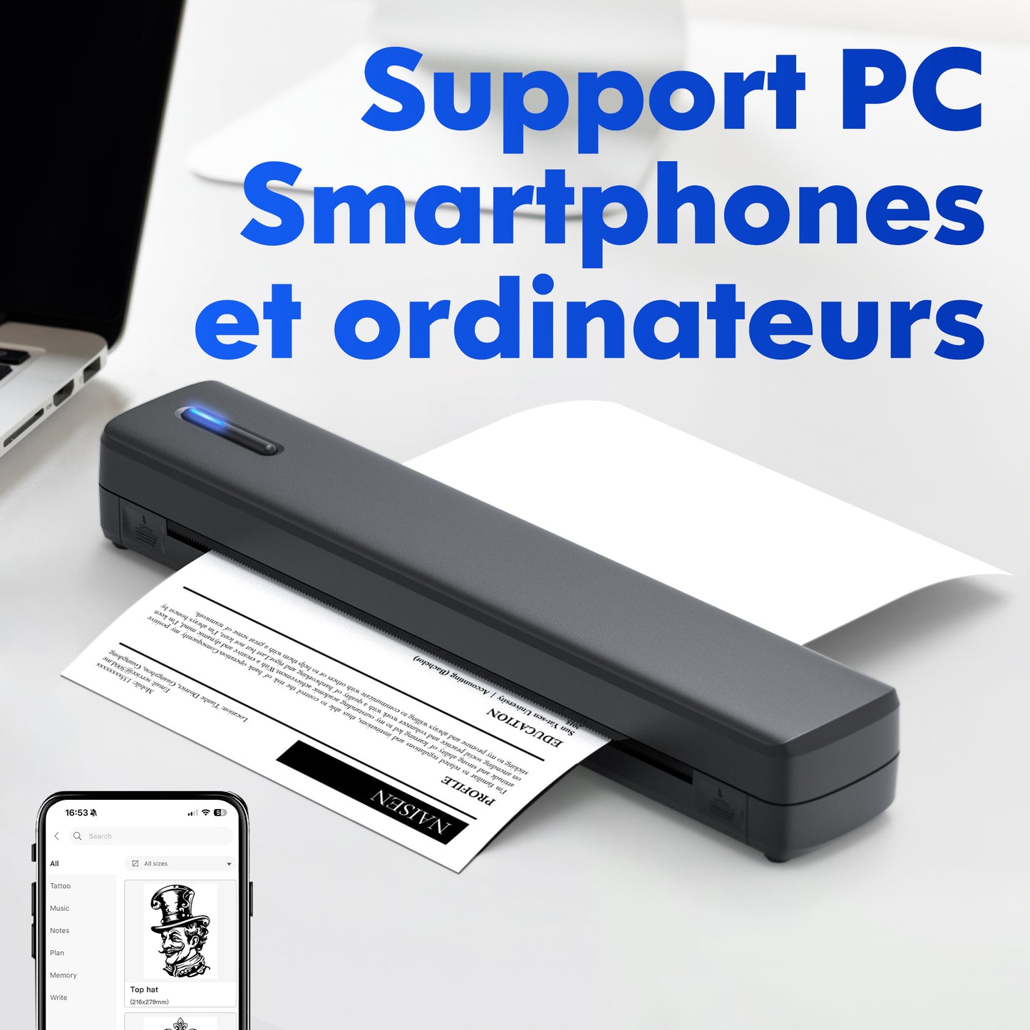 Imprimante Thermique Portable D810 – Sans Fil, USB, Autocollants & Papier Thermique