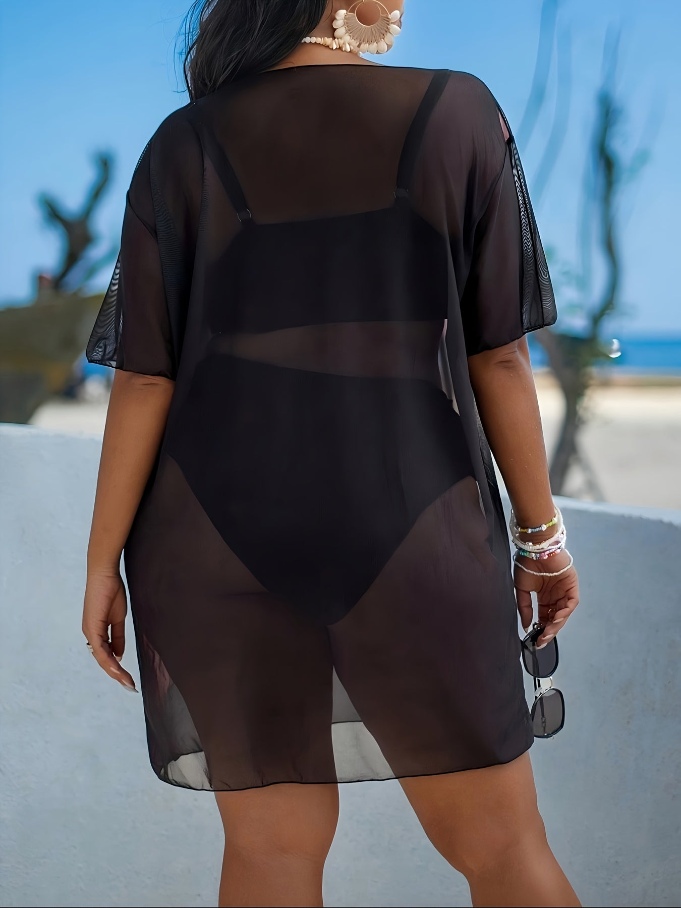 Cache-Maillot Robe de Plage Femme Grande Taille Imprime Floral Tres Extensible Semi-Transparent - 100% Polyester Decontracte Bleu Rose Jaune L-3XL