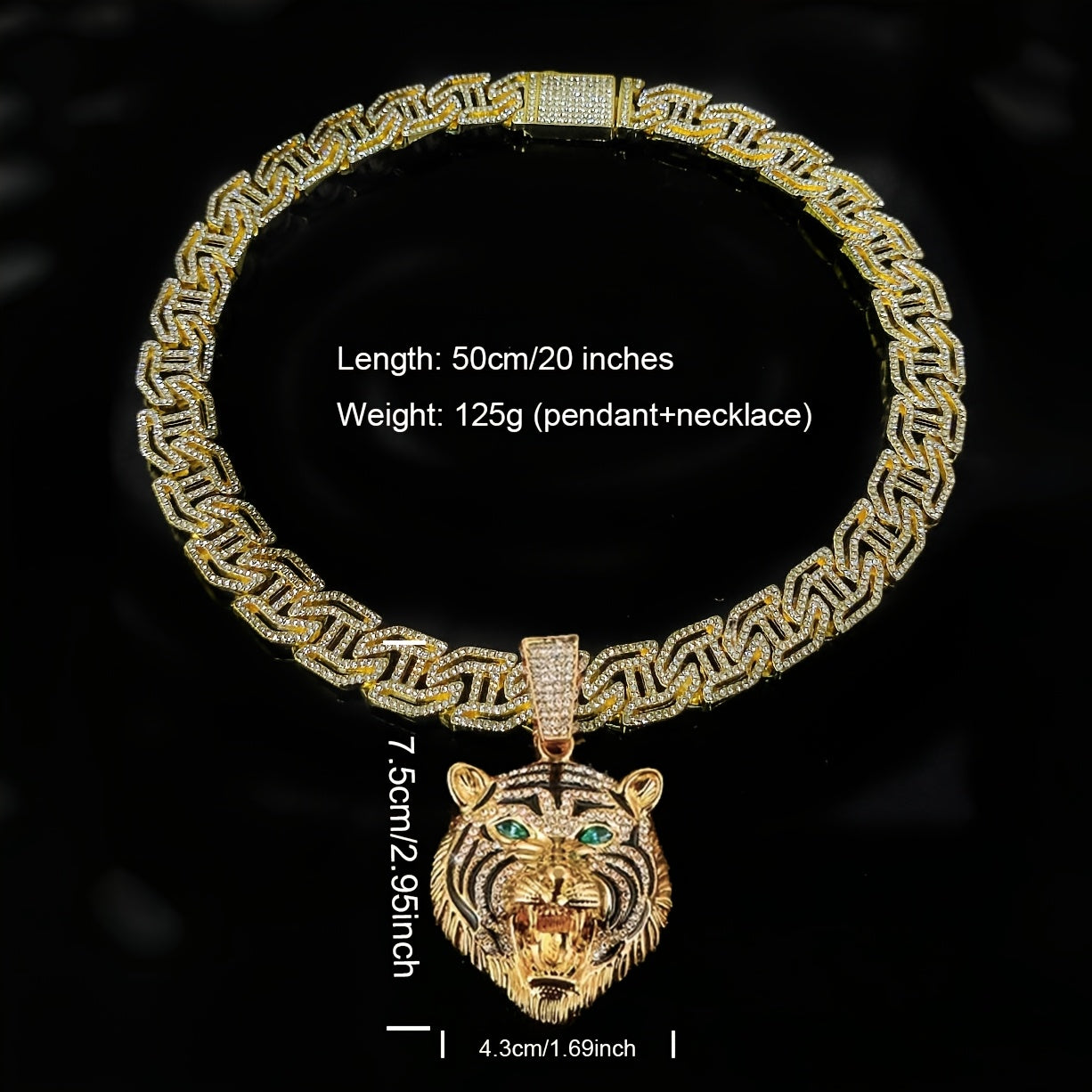 Collier Pendentif Tête de Tigre Yeux Verts — Chaîne Cubaine Strass, Alliage Zinc, 2 Coloris