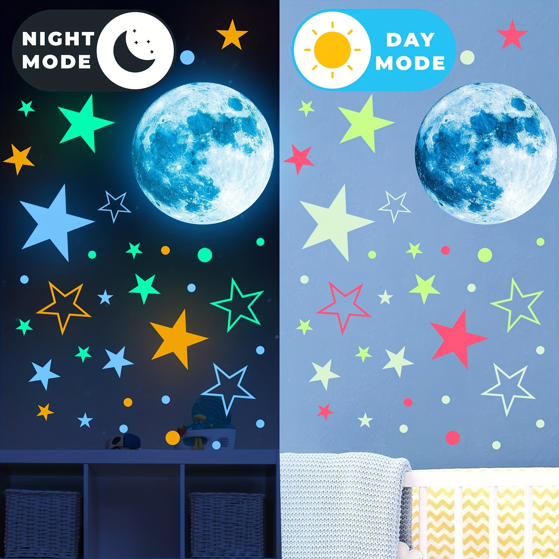 Day and night mode comparison of a blue moon and colorful star wall decals above a crib and shelf.