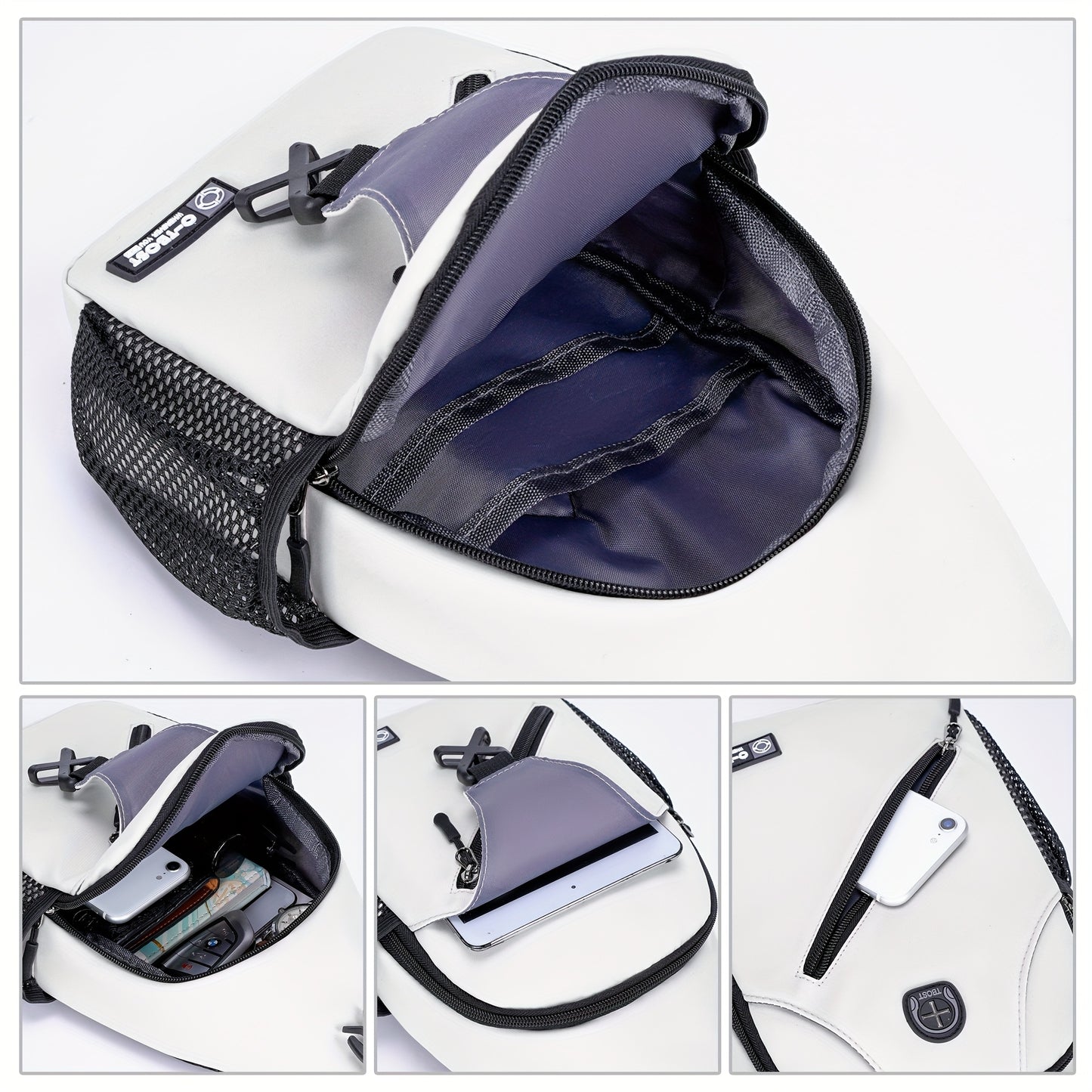 Sac a Dos Sport avec Pochette Telephone - Tissu Oxford Fermeture Eclair Blanc Noir