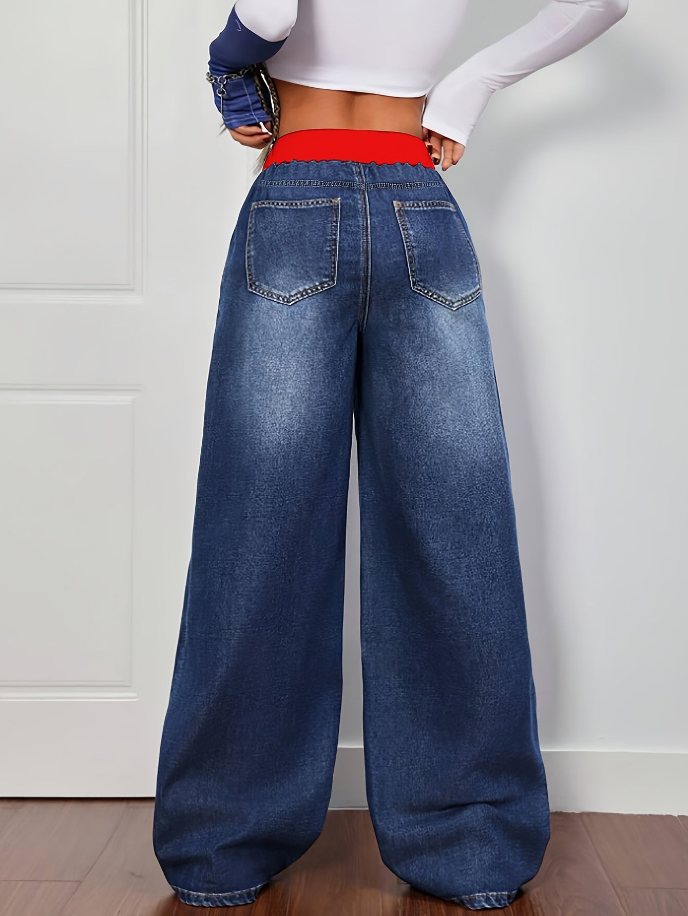 Jean Femme Taille Haute Jambes Droites Cordon - Denim 85% Coton Bleu S-XXL