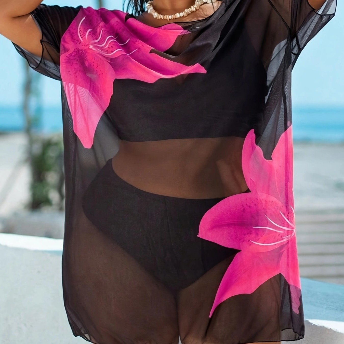 Cache-Maillot Robe de Plage Femme Grande Taille Imprime Floral Tres Extensible Semi-Transparent - 100% Polyester Decontracte Bleu Rose Jaune L-3XL