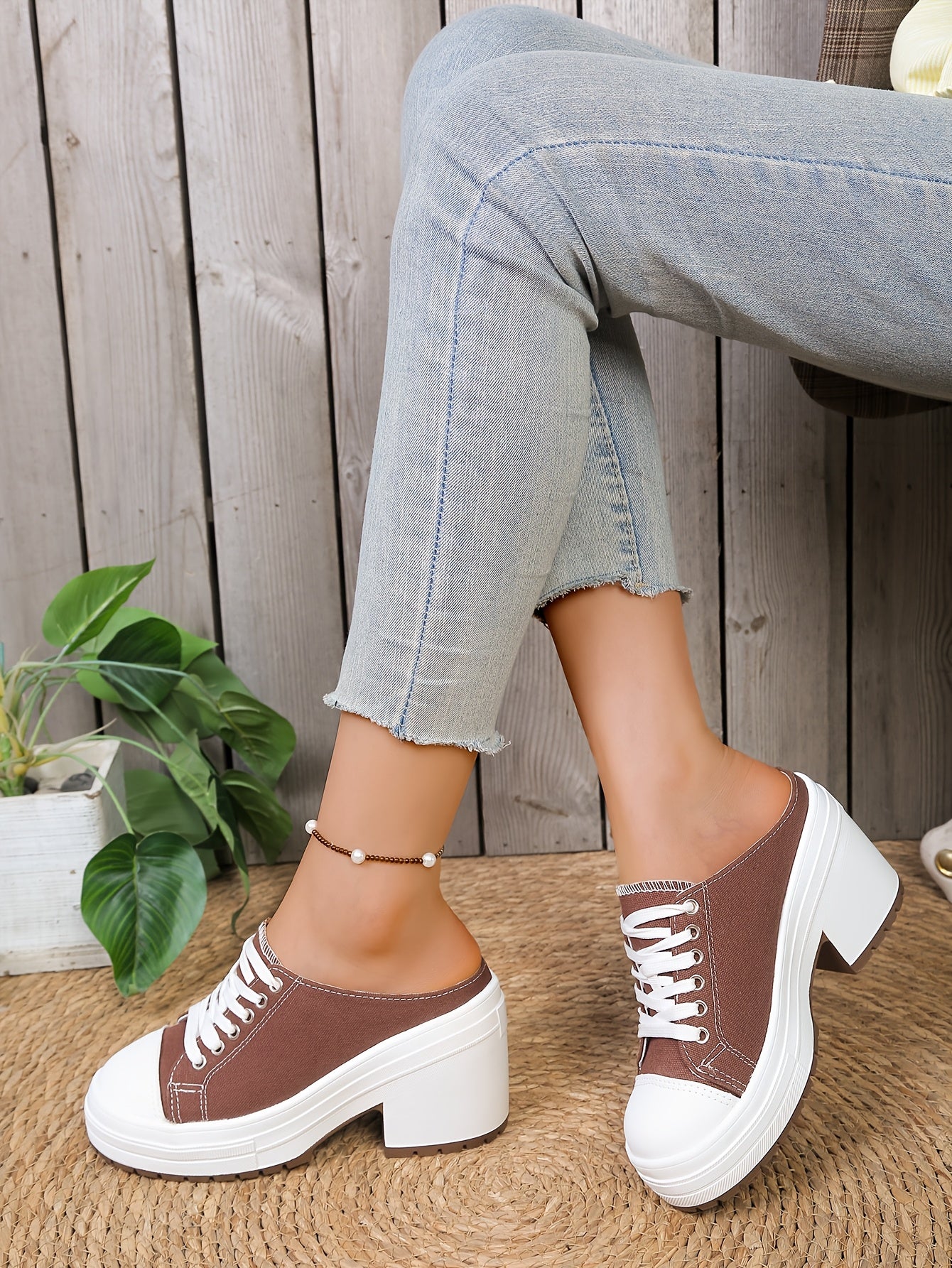 Mules Femme Talon Compense Lacets Tissu Semelle PU - Bout Rond Decontracte Noir Marron EU 36-42