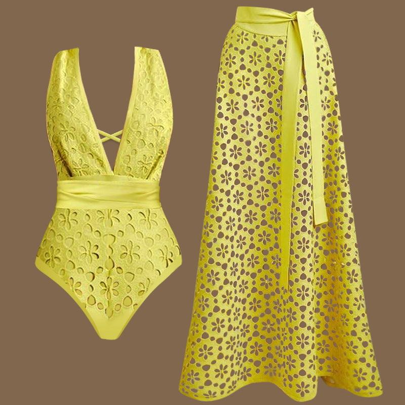 Ensemble Maillot de Bain Une Piece et Jupe de Plage Femme a Decoupes - Jaune
