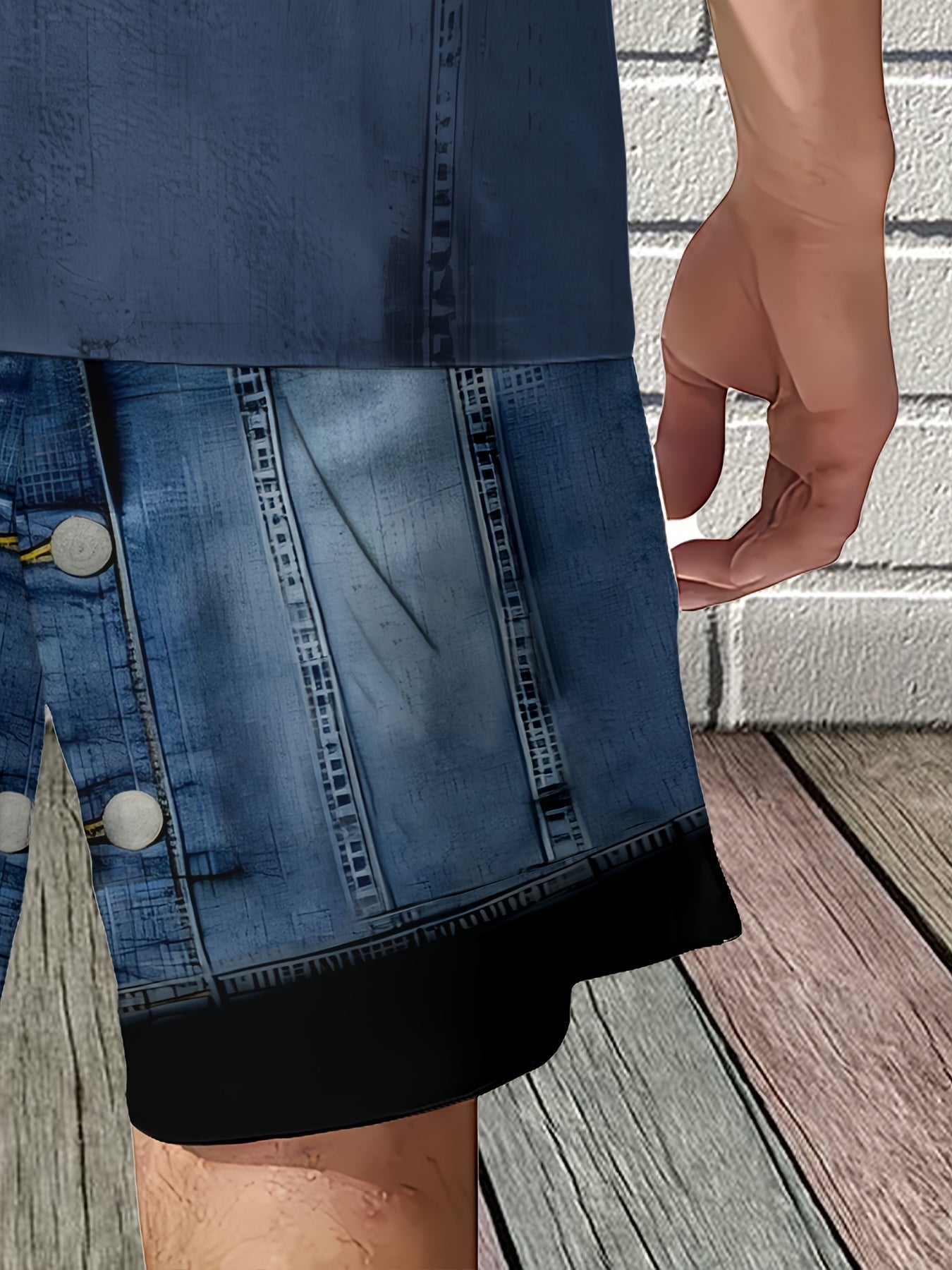 Ensemble 2 pieces homme imprime faux denim - Haut manches courtes + short assortis, polyester stretch, bleu