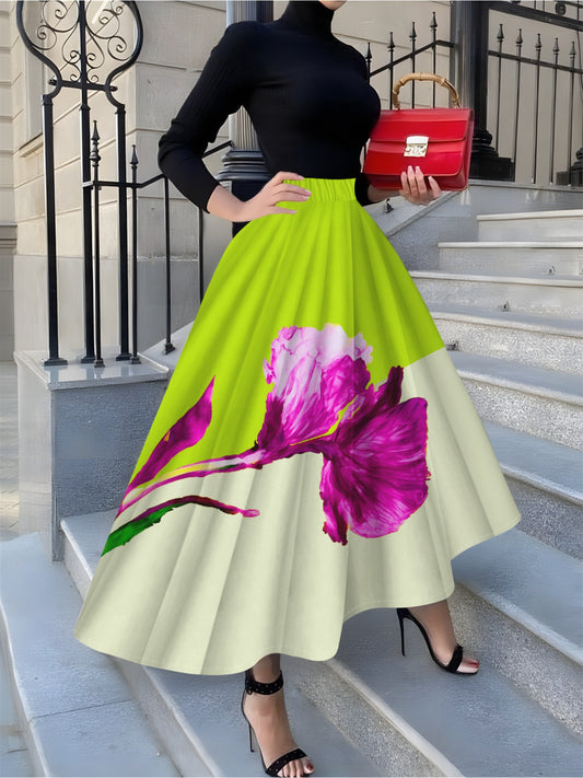 Jupe Mi-Longue Femme Imprimée Orchidées Roses – Style Élégant, Toutes Saisons