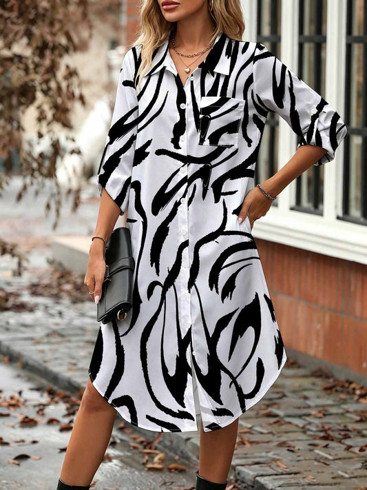 Robe Chemise Femme Grande Taille Imprime Abstrait Manches 3/4 Mi-Longue