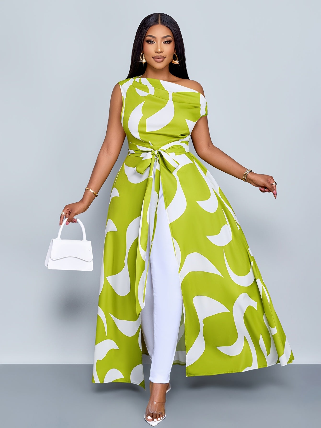 Robe maxi femme grande taille unie - Col asymetrique, epaules denudees, ourlet asymetrique, extensible, vert, L a 3XL