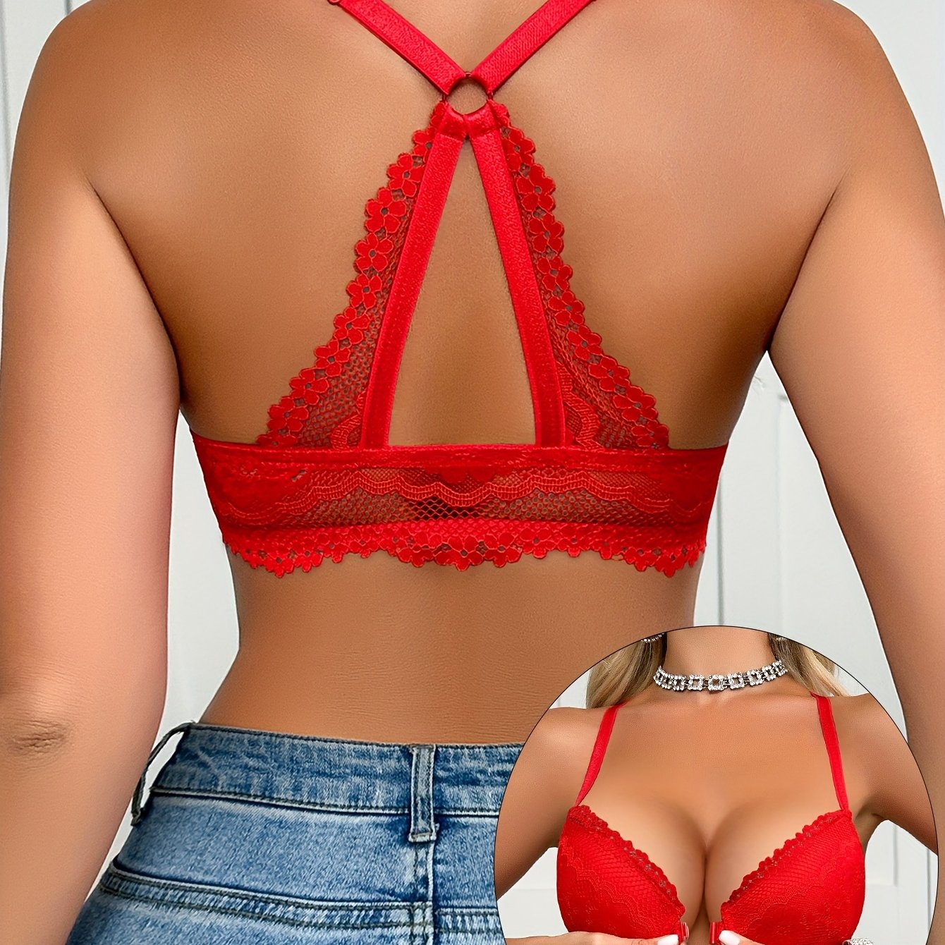 Soutien-Gorge Dentelle Sexy Femme - Sous-Armatures, Fermeture Devant, 90% Polyamide, Noir Rouge Blanc, EU 85B-100D