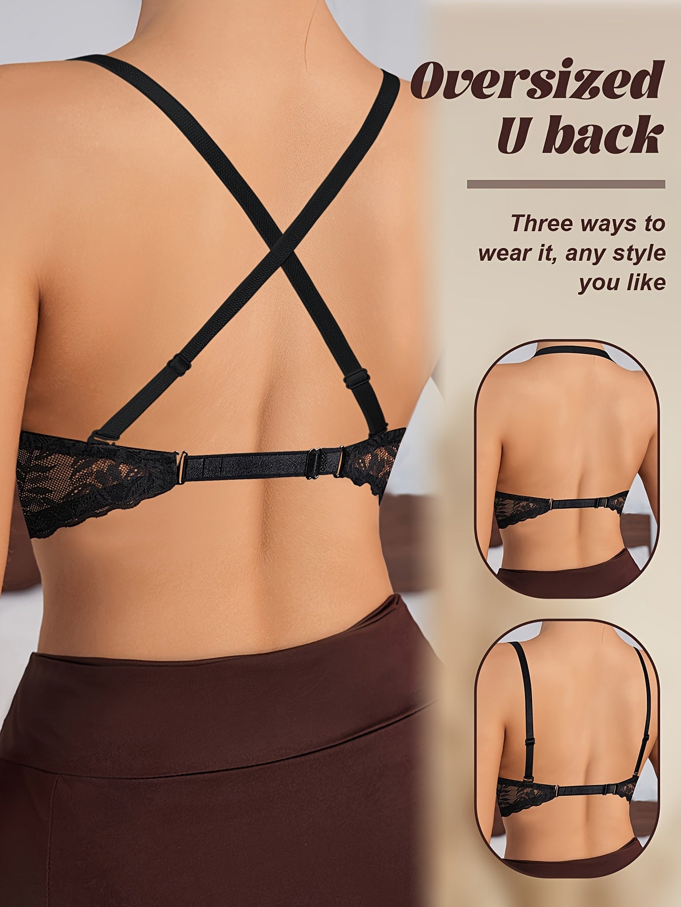 Soutien-Gorge en Dentelle Sexy – Dos Nu, Sous-Armatures, Bretelles Amovibles | Bonnets Fins & Respirants | Noir & Beige
