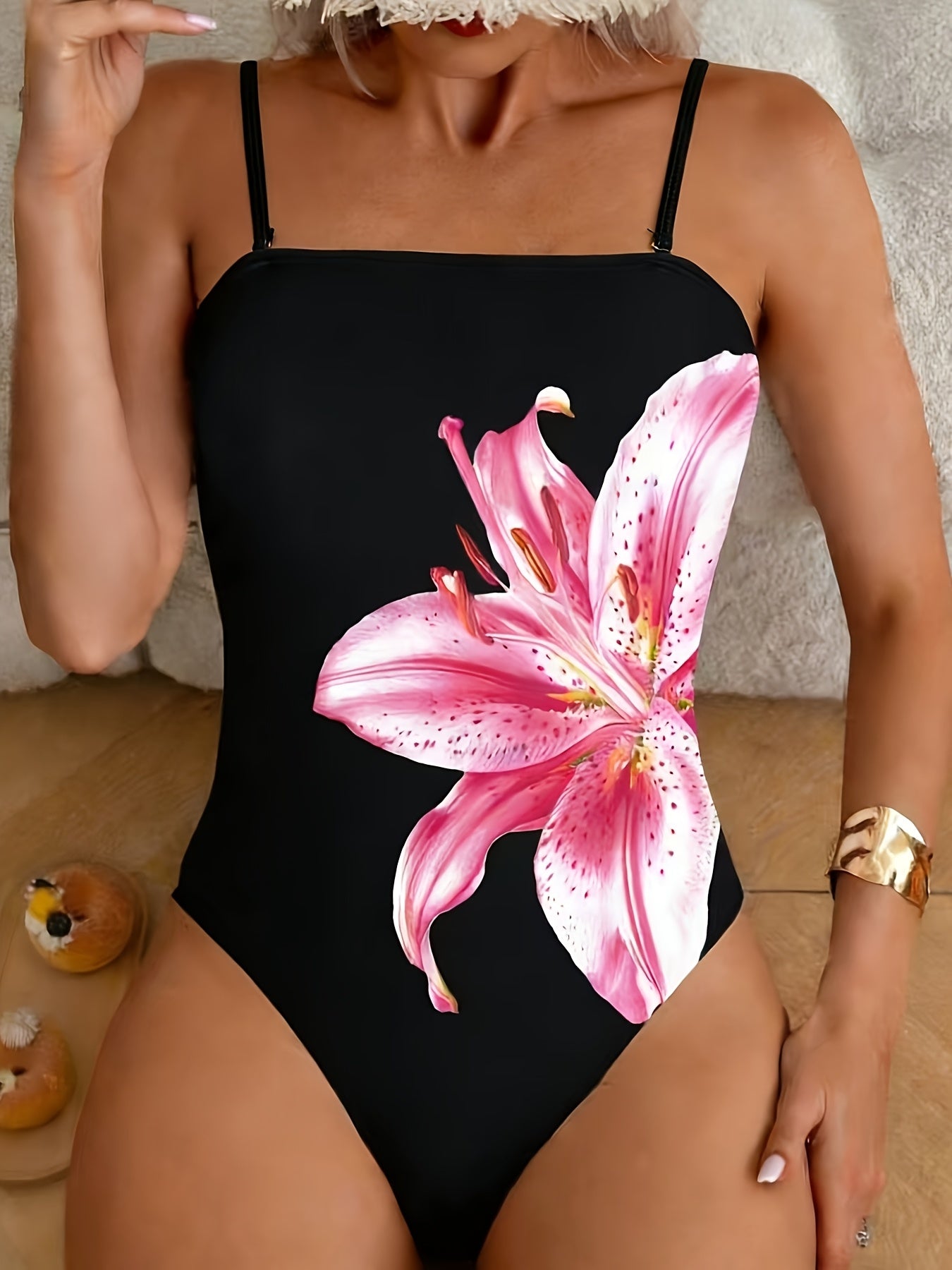 Maillot de Bain 1 Piece Femme Bandeau Epaules Denudees Imprime Floral - Rembourrage Amovible, Tissu Stretch, Noir, S au XL