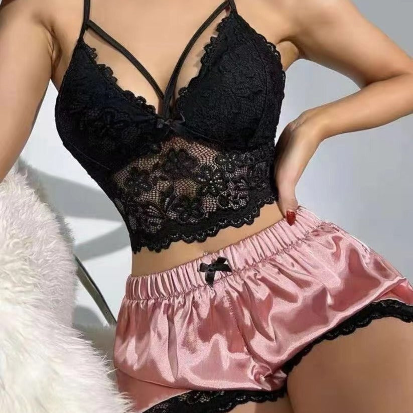 Ensemble pyjama debardeur et short en dentelle femme - Maille polyester, 5 coloris, S a XXXL