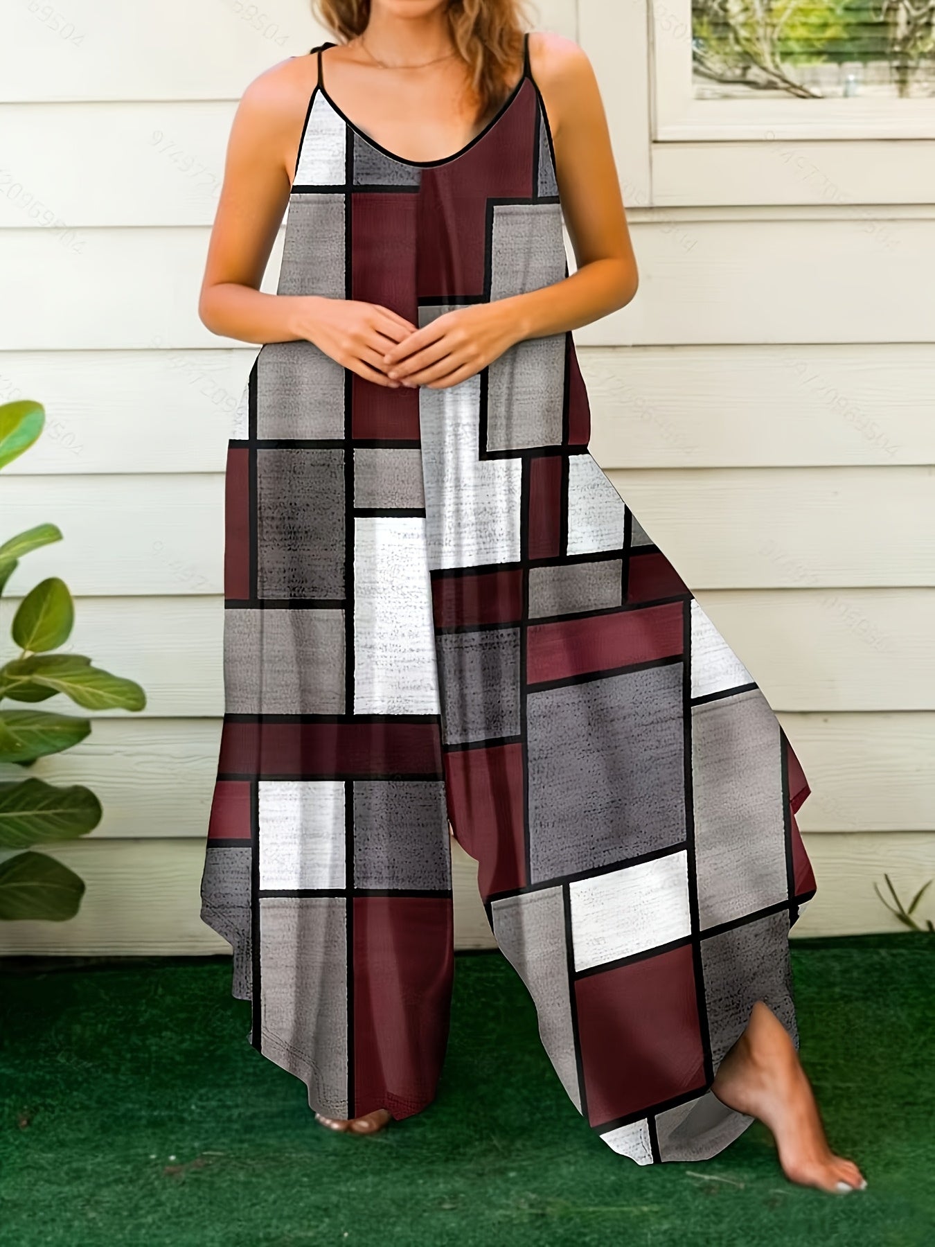 Combinaison d'Été à Bretelles Imprimé Géométrique – Tissu Extensible, Style Élégant | Grande Taille L au 4XL