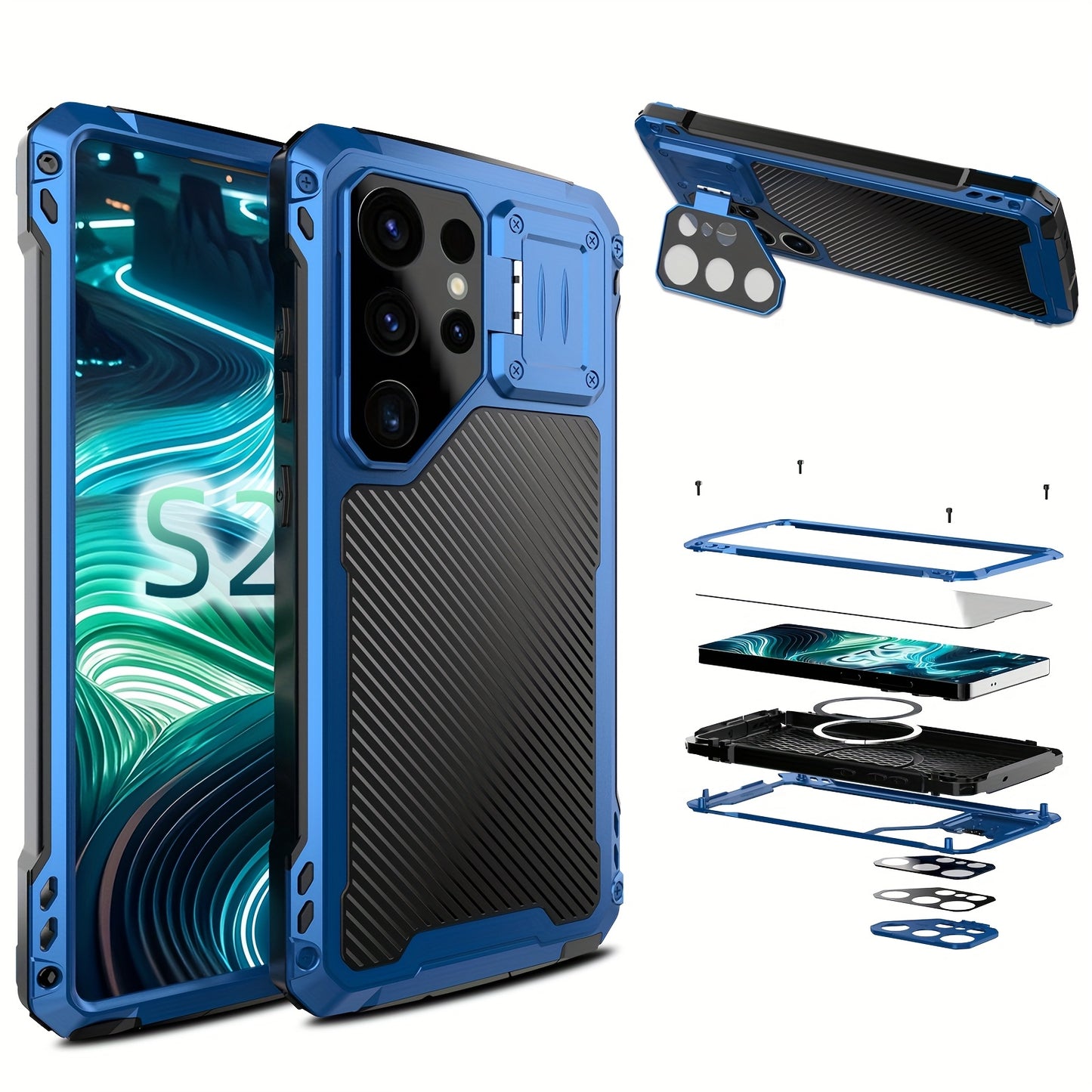 Coque Samsung Galaxy S23 S24 S25 Ultra Metal Magnetique Antichoc - Aluminium, Chargement Sans Fil, Protection Lentilles, Support, 3 Coloris