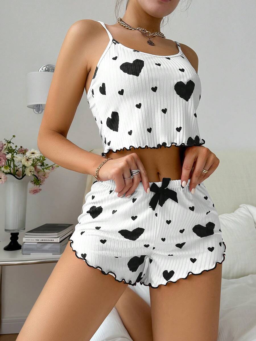Ensemble pyjama femme bretelles et short - Tissu cotele rayures creuses, imprime coeur, style europeen