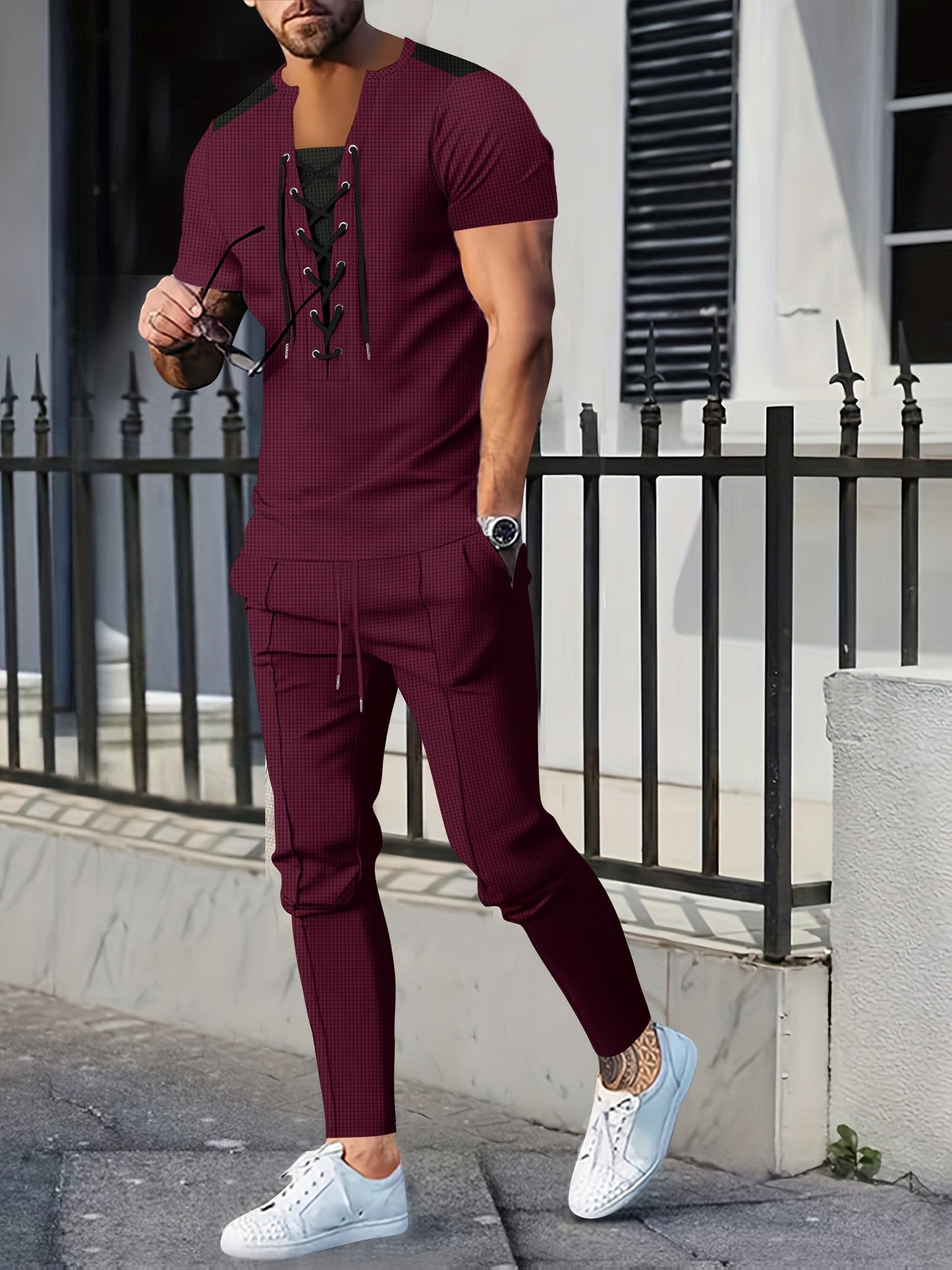 Ensemble jogging homme haut et pantalon à cordon - Col ras du cou, 6 coloris, printemps-automne