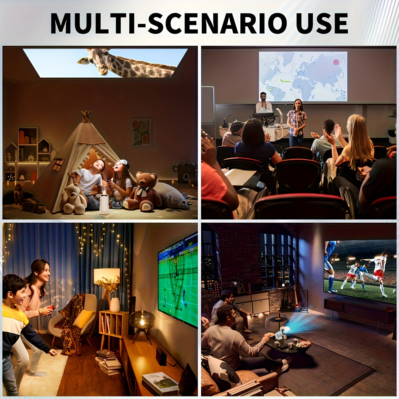 Mini projecteur Full HD 1080p displayed in various settings, including home theater, outdoor, and children's play area.