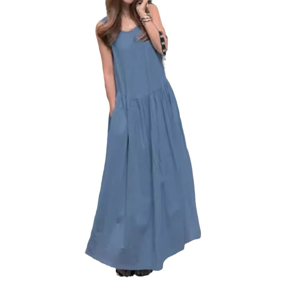 Robe longue ample à col rond et sans manches, grande taille, couleur unie - Topdecheztop.fr