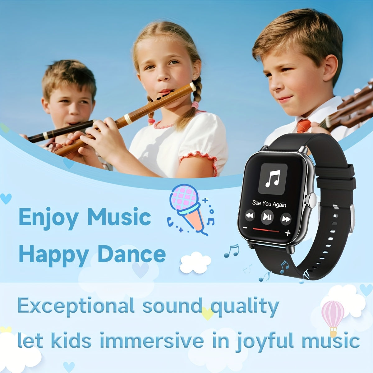 Montre Connectee Enfants Ados Ecran Tactile - Podometre, Musique, Calendrier, Alarme, Bracelet Silicone, 6 Coloris