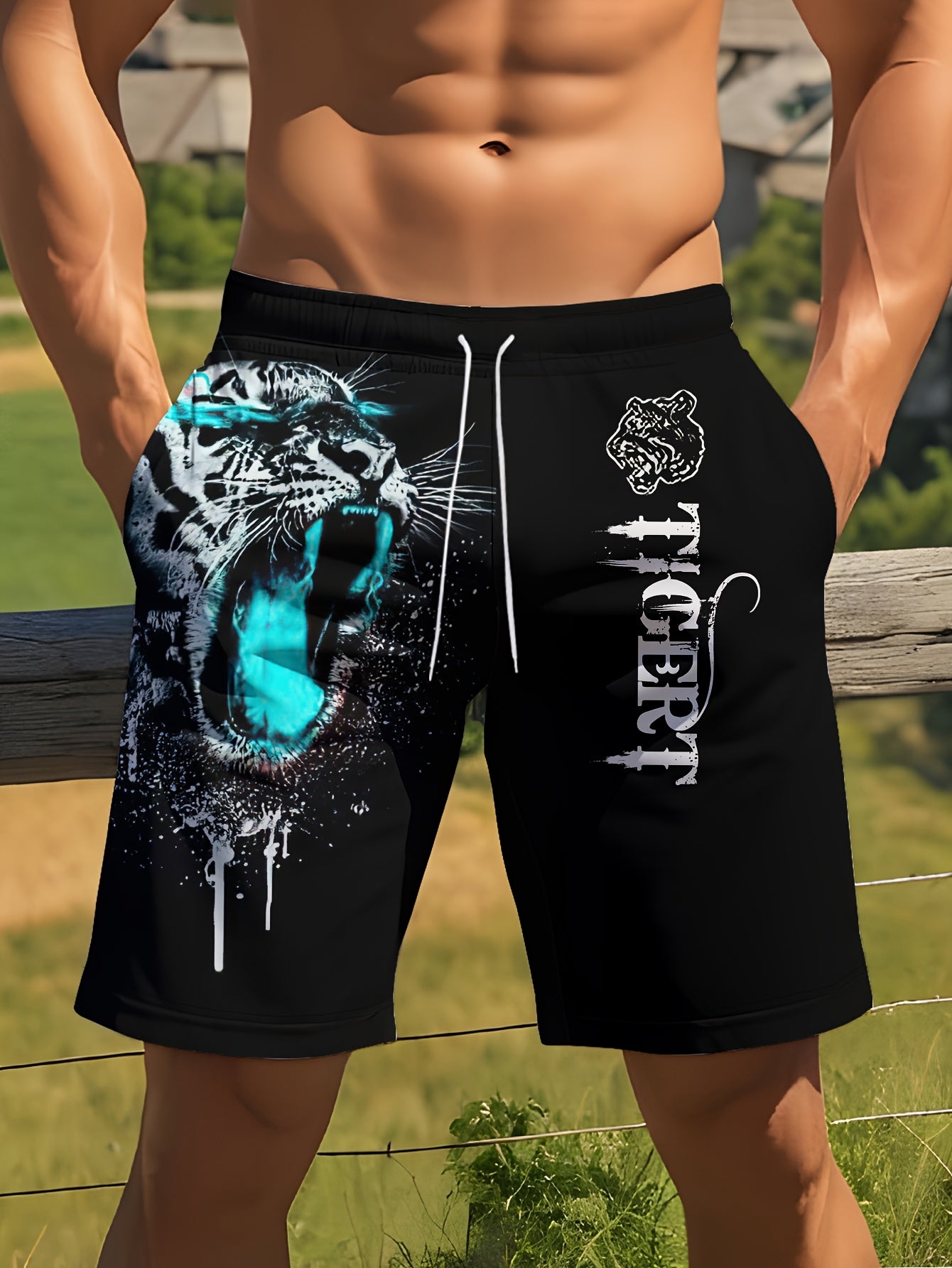 Short Homme Plage Ete Motif Tigre Feroce Geometrique - 95% Polyester Elasthanne Coupe Standard Bleu Noir FR S-XXL