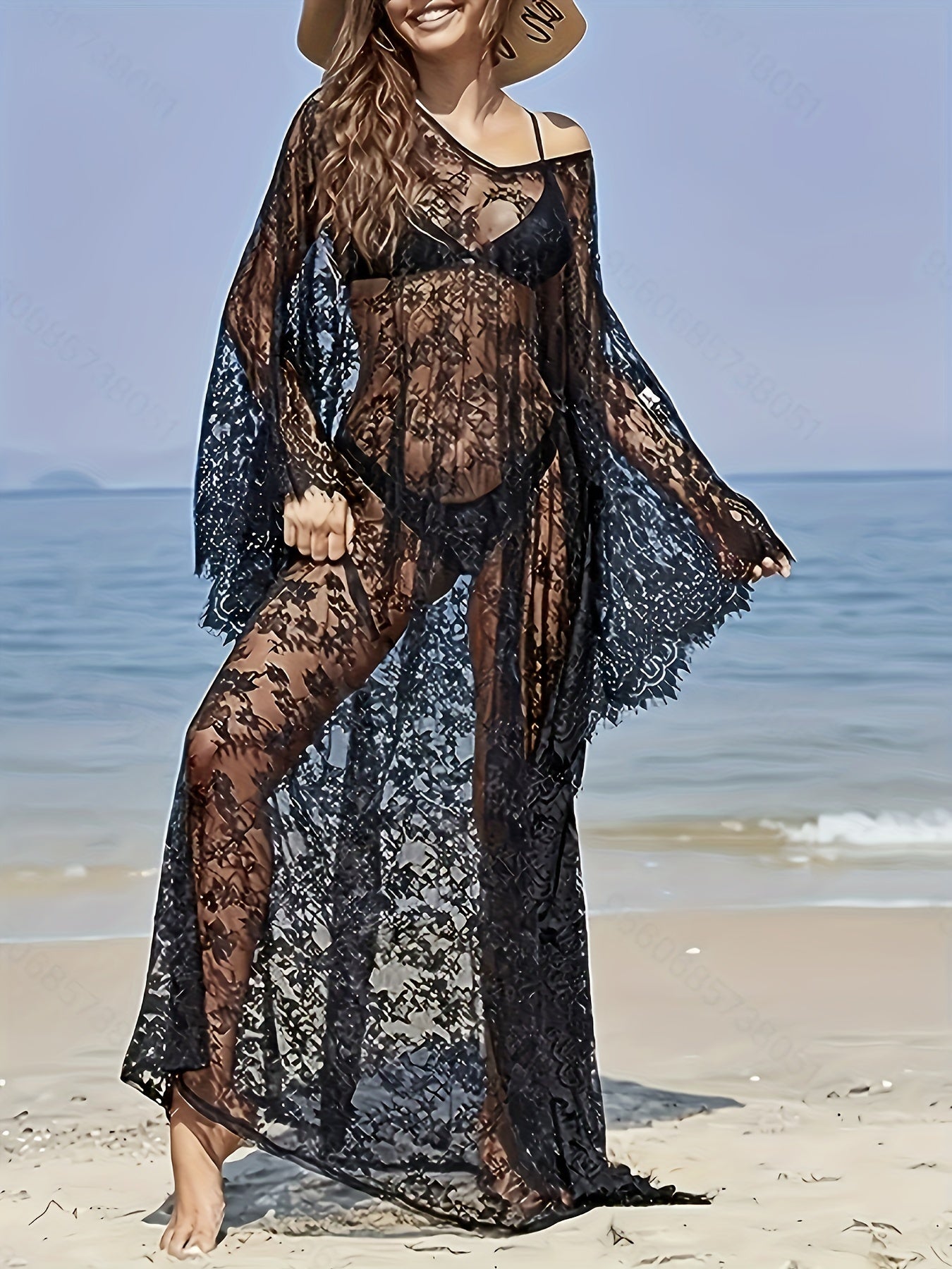 Robe Longue Femme Boheme Col en V Dentelle Contrastee Motif Floral Semi-Transparente - 95% Polyester Elasthanne Plage Noir Taille Unique