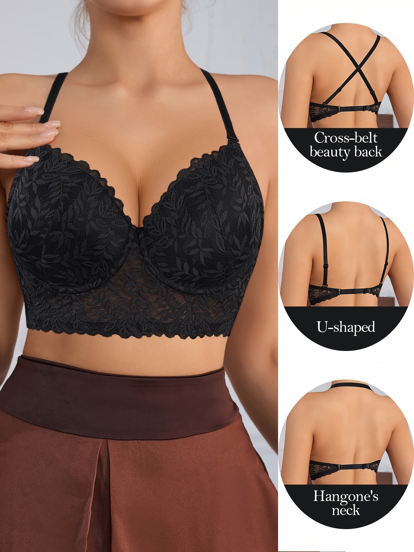 Soutien-Gorge en Dentelle Sexy – Dos Nu, Sous-Armatures, Bretelles Amovibles | Bonnets Fins & Respirants | Noir & Beige