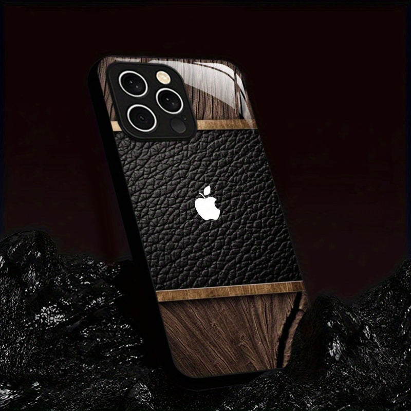 Coque iPhone Verre Trempé Logo Apple – Design Bois, Impression UV, Protection Objectif