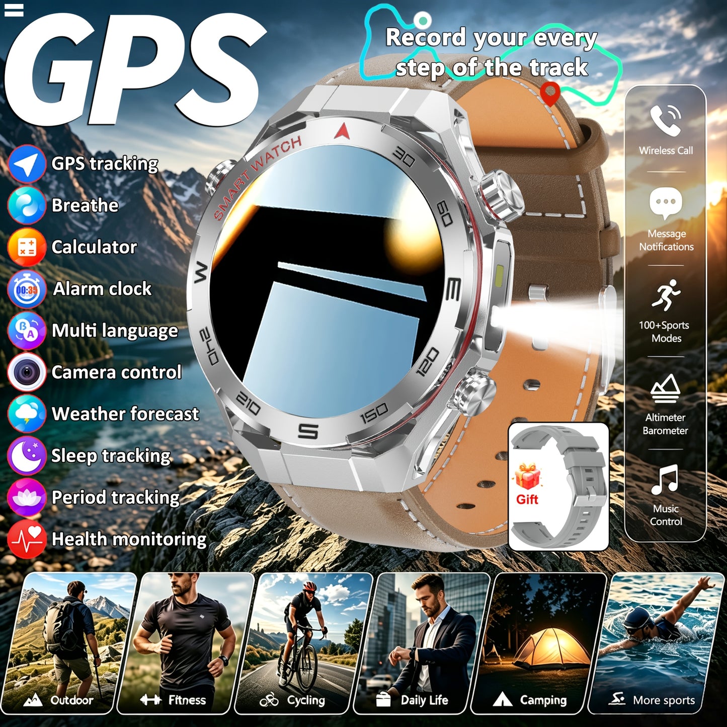 Montre Connectee Sport Homme GPS Integre - Ecran IPS HD 1.5 Pouces, Lampe Torche LED, Altimetre, Bluetooth 5.0