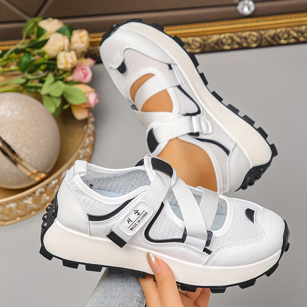 Baskets Femme Ete Respirantes Maille Velcro Semelle Caoutchouc - Couleur Unie Beige Blanc EU 35-40