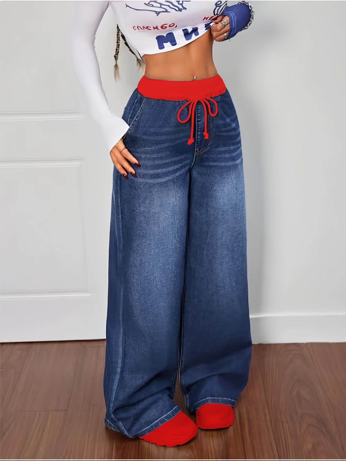 Jean Femme Taille Haute Jambes Droites Cordon - Denim 85% Coton Bleu S-XXL