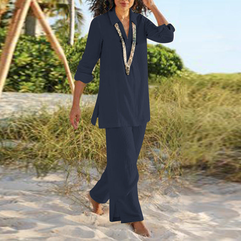 Costume pantalon rétro de style national de couleur unie en coton et lin - Topdecheztop.fr