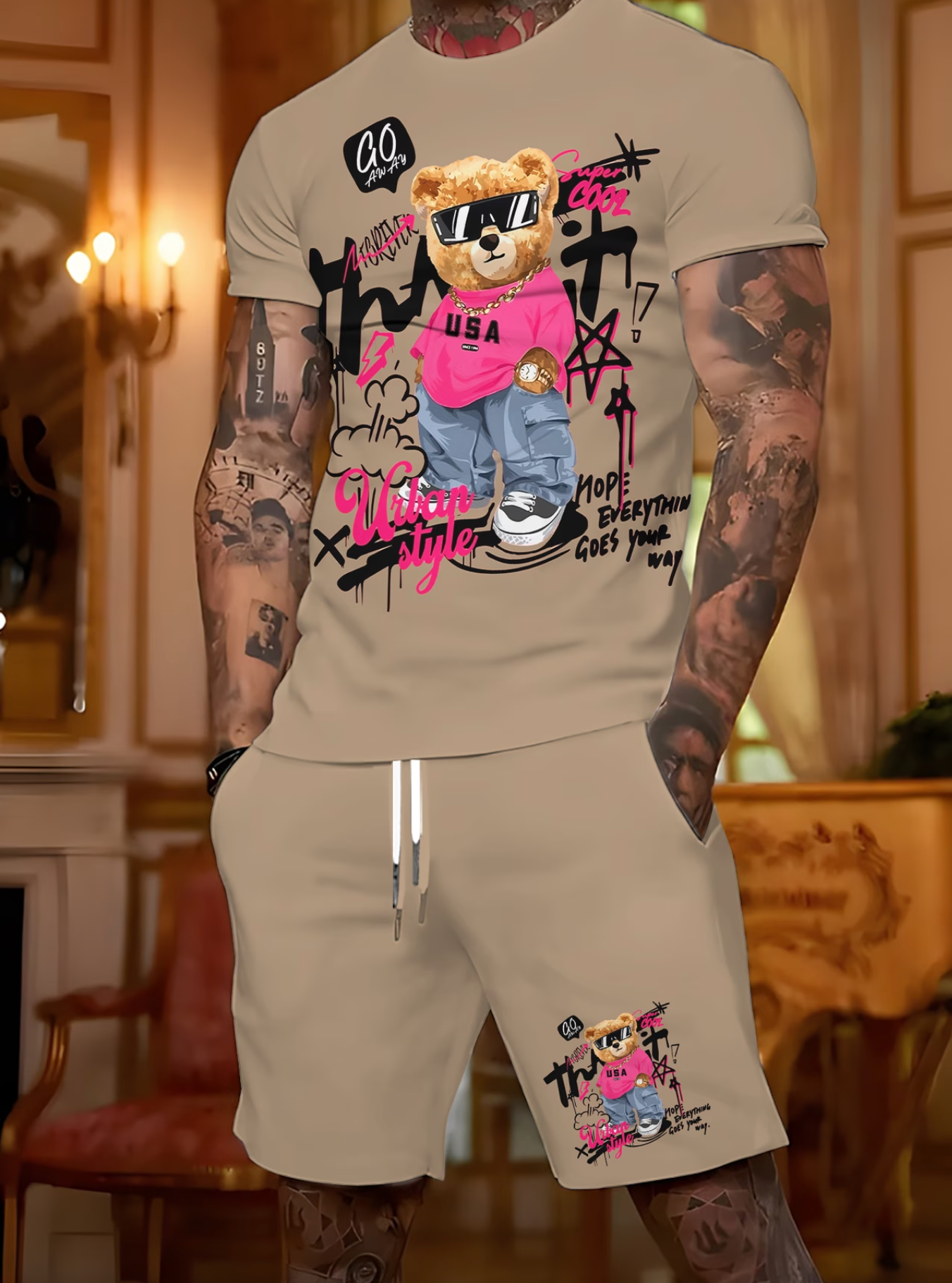 Ensemble 2 Pieces Homme T-shirt Col Rond Imprime Coupe Reguliere