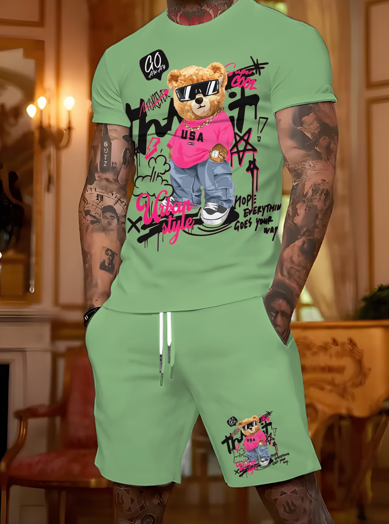 Ensemble 2 Pieces Homme T-shirt Col Rond Imprime Coupe Reguliere