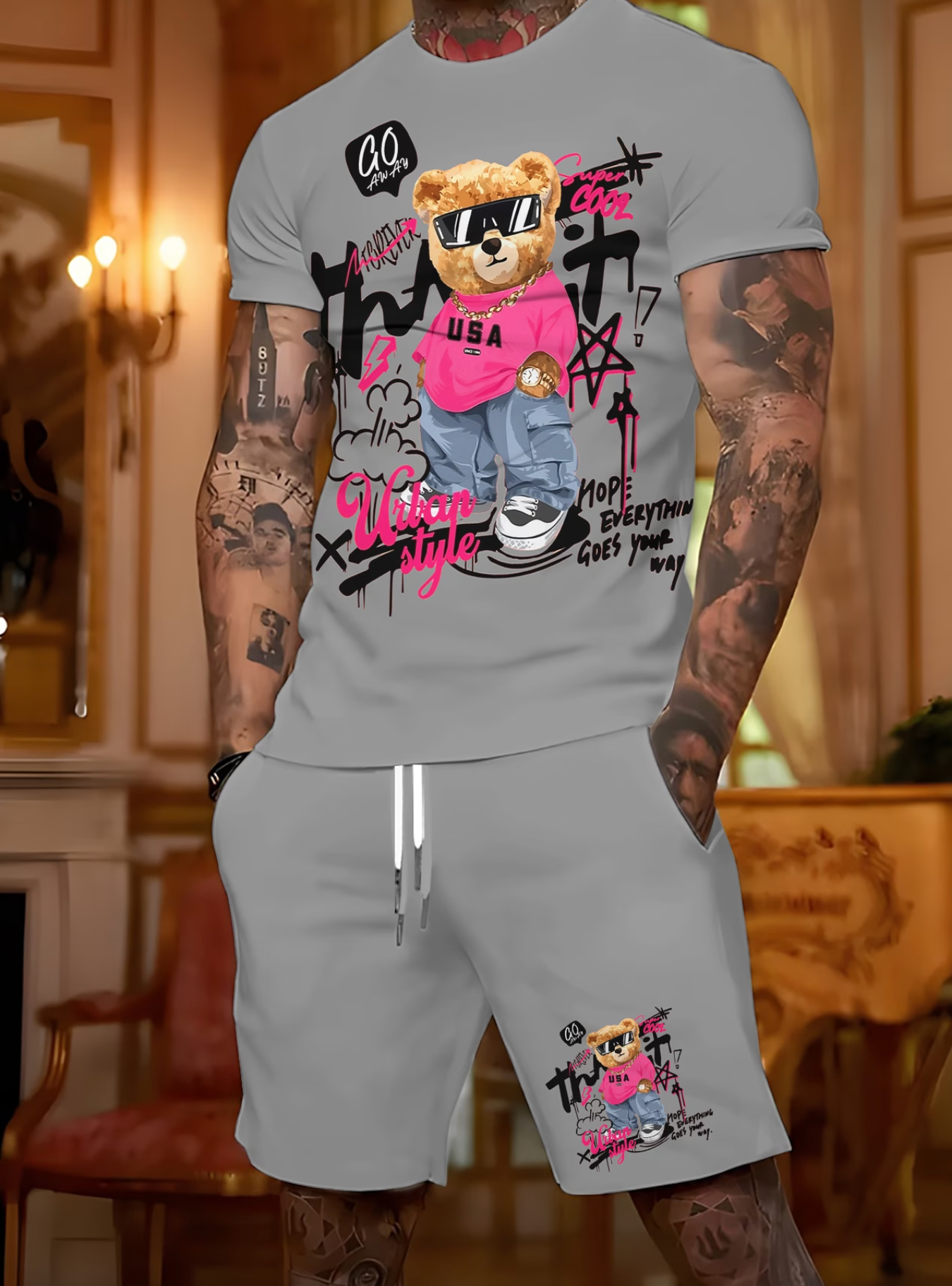 Ensemble 2 Pieces Homme T-shirt Col Rond Imprime Coupe Reguliere