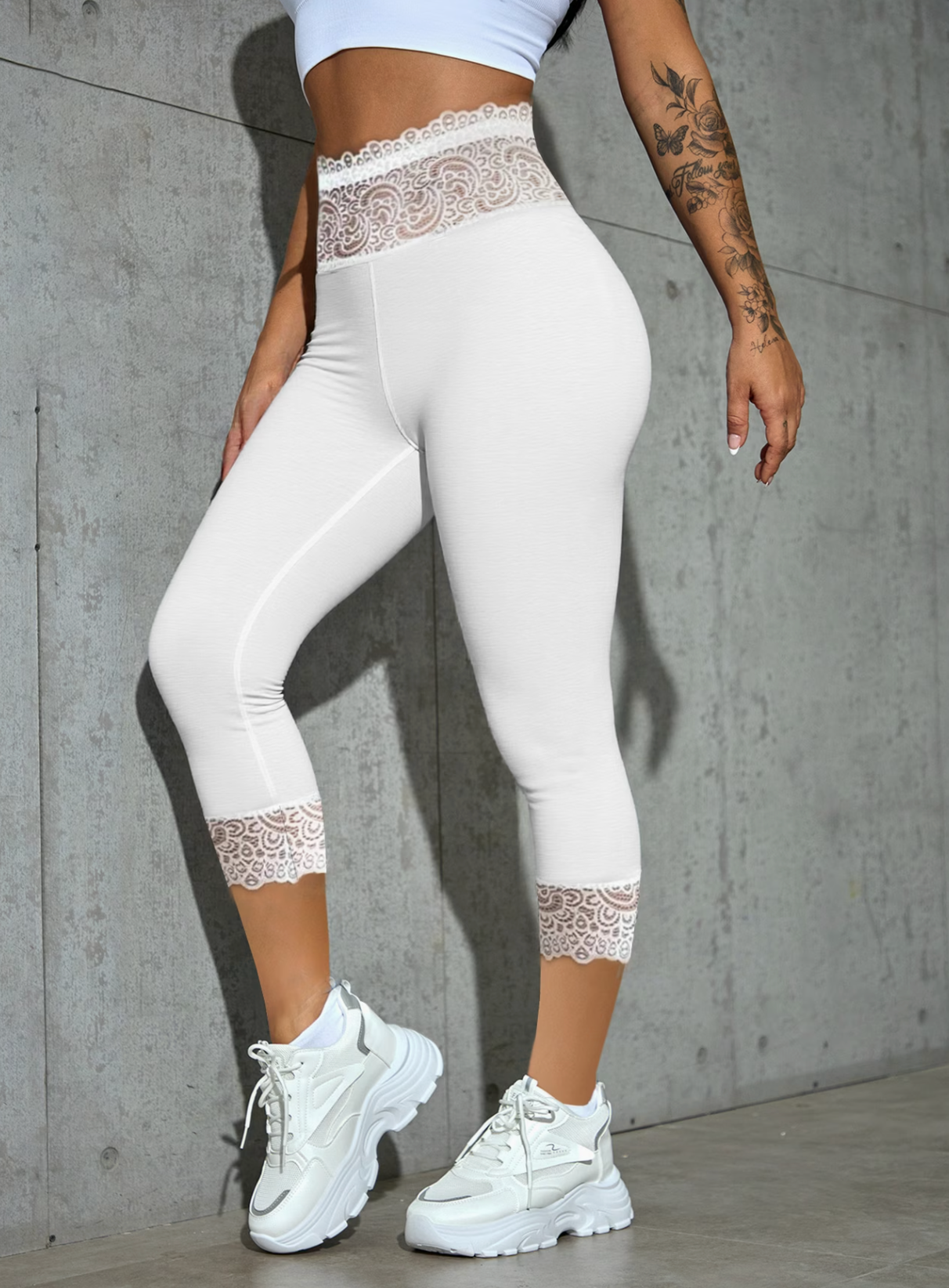 Leggings Taille Haute Couleur Unie Dentelle - Skinny Stretch