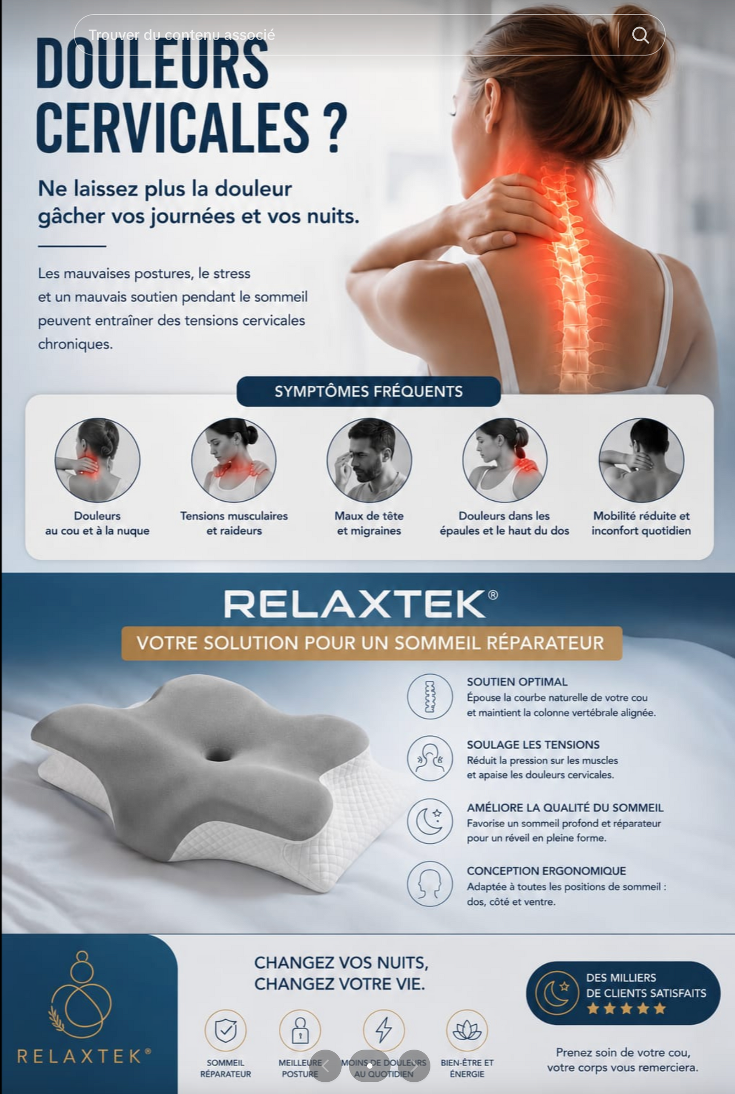 Oreiller Cervical Ergonomique Mémoire de Forme 2 en 1 - Coussin Orthopédique Nuque & Dos, Housse Lavable, 60x40cm