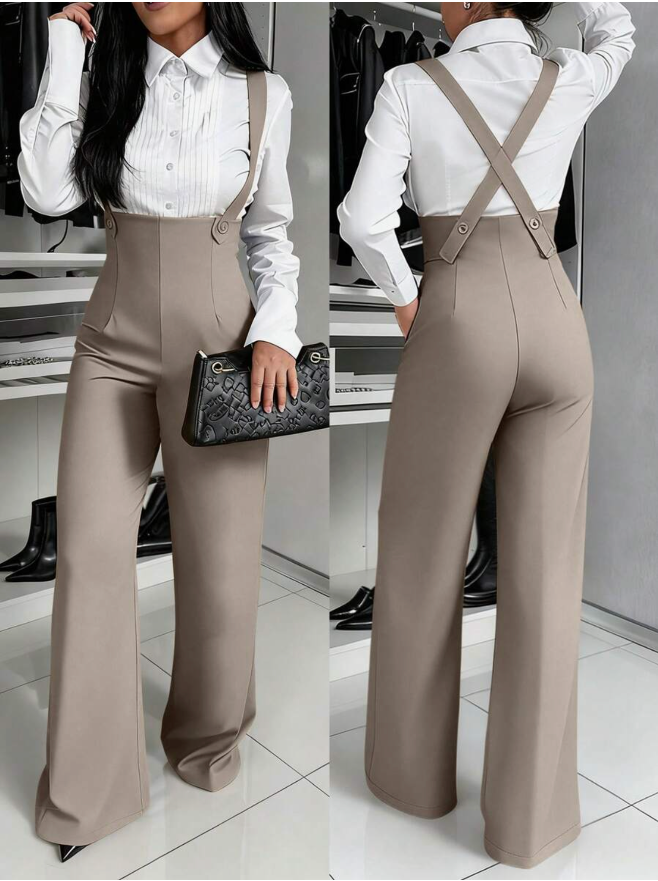 Combinaison femme jambes larges sans manches couleur unie - Taille haute, avec poches, style élégant bureau